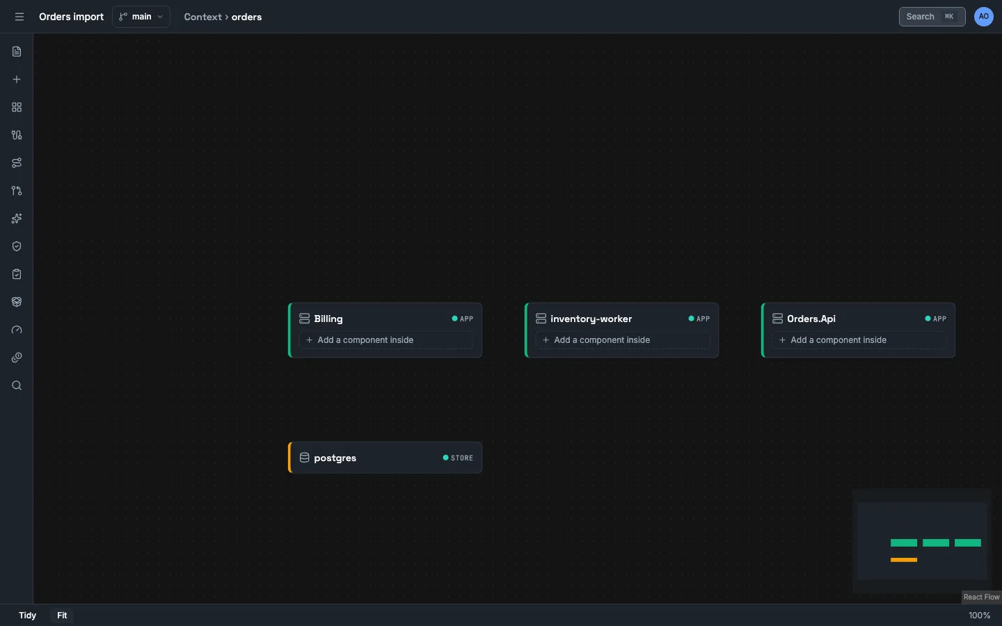 The canvas at the level Context, orders. It shows the apps Billing, inventory-worker and Orders.Api and the store postgres. No line connects them.