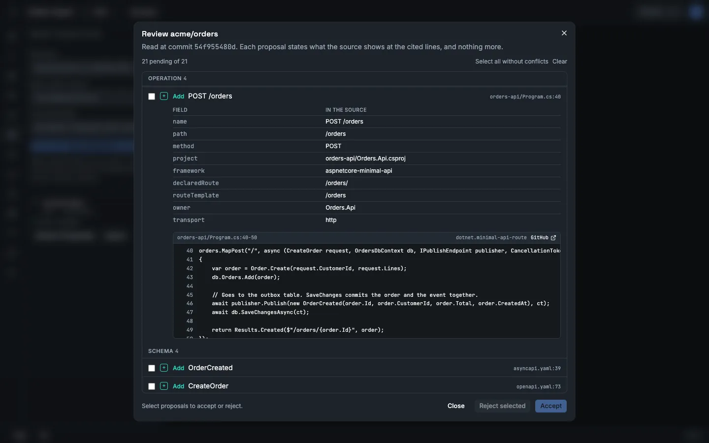 The dialog Review acme/orders with the proposal POST /orders open. A table lists the fields that the source gives. Below it are lines 40 to 49 of orders-api/Program.cs and the rule dotnet.minimal-api-route.