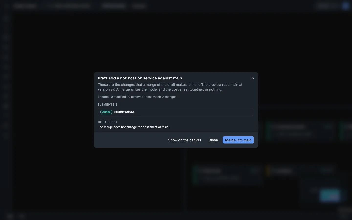 The dialog of the draft Add a notification service against main. It says: 1 added, 0 modified, 0 removed, cost sheet: 0 changes. The list Elements has the added element Notifications. The buttons are Show on the canvas, Close and Merge into main.
