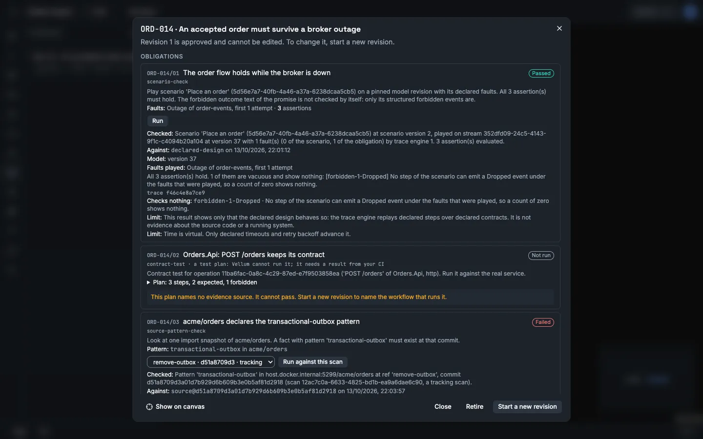 The dialog of ORD-014 with its three obligations. ORD-014/O1 has the label Passed, with the faults played, the model version and the trace hash. ORD-014/O2 has the label Not run and the note that the plan names no evidence source. ORD-014/O3 has the label Failed against the tracking scan of remove-outbox.